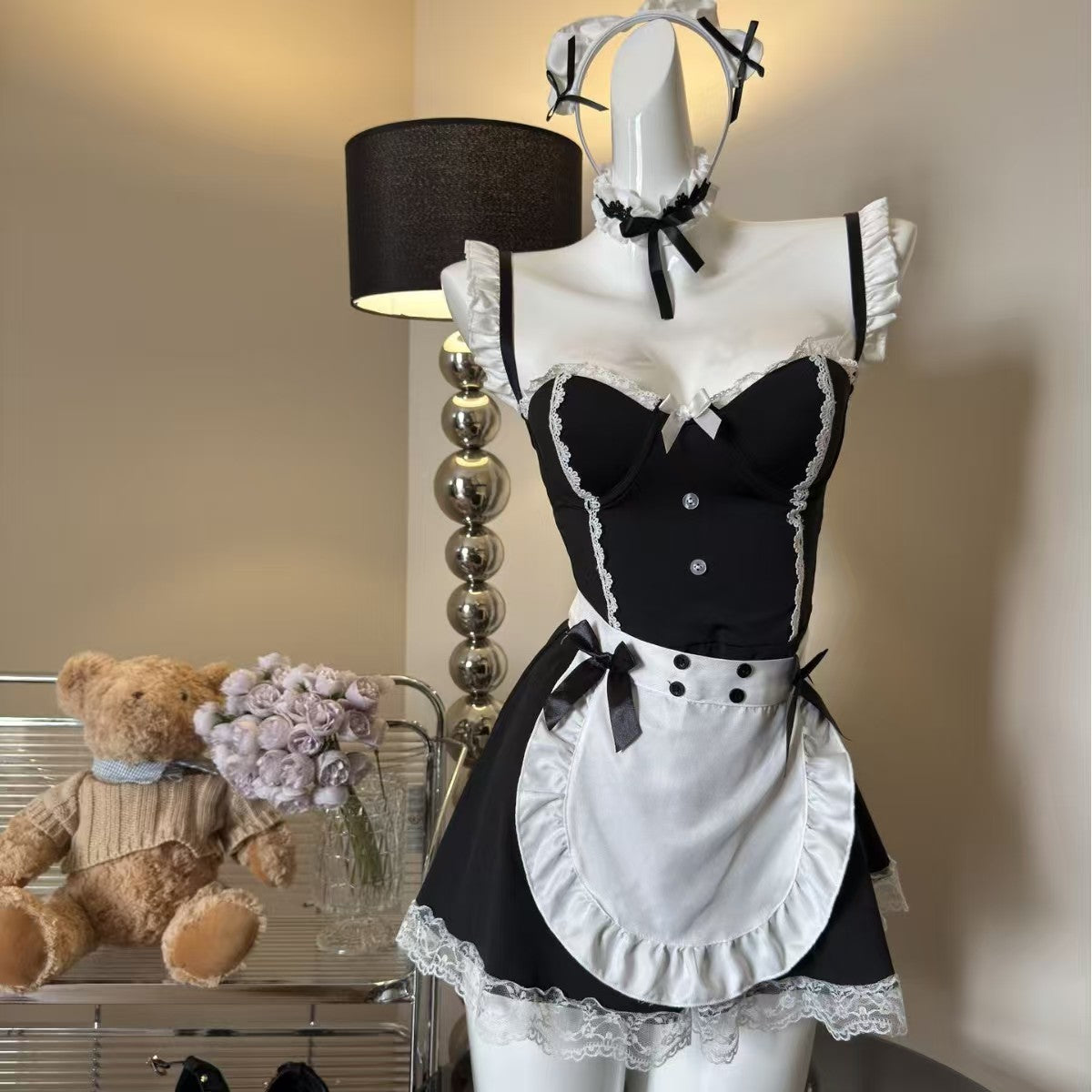 Sexy French Maid Lingerie Costume with Apron and Headband